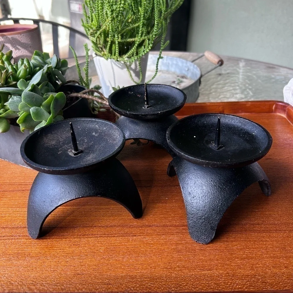 Mid Century Black Cast Iron Tripod Candle Holders Set of 3